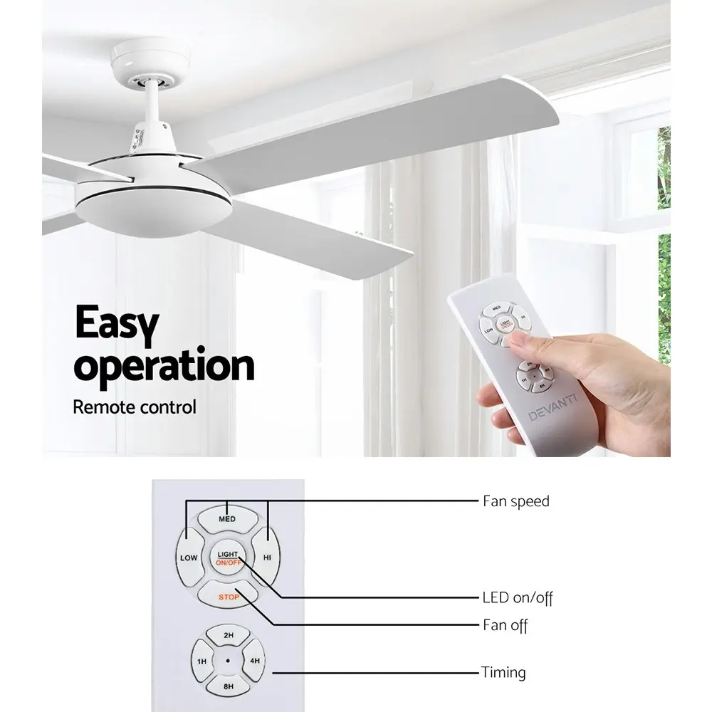 Devanti 52'' Ceiling Fan Wooden Blades Fans with Remote Control Timer White