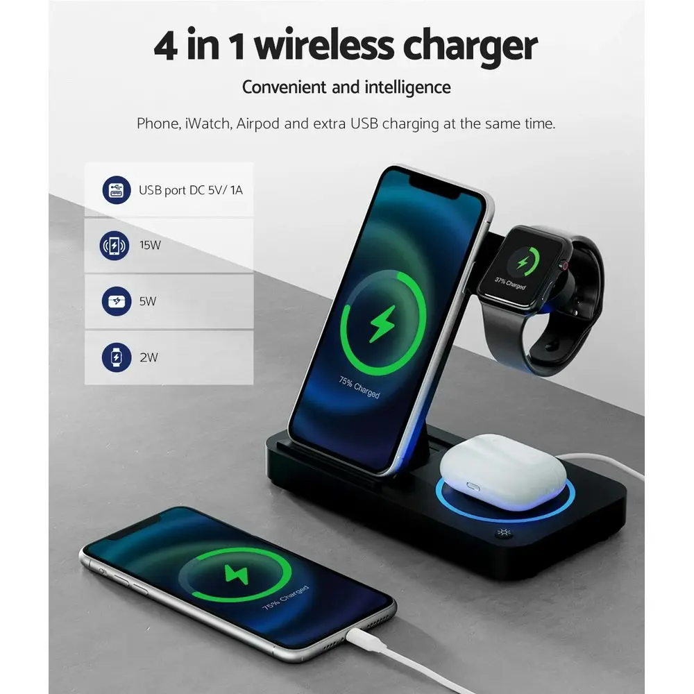 Devanti 4-in-1 Wireless Charger Dock Fast Charging for Apple iWatch Airpod Black