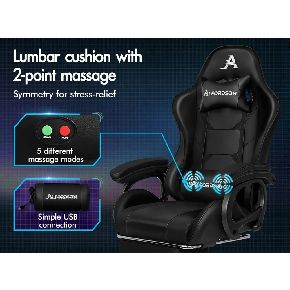 Alfordson Gaming Chair 2-Point Massage Lumbar Pillow Xavier Black