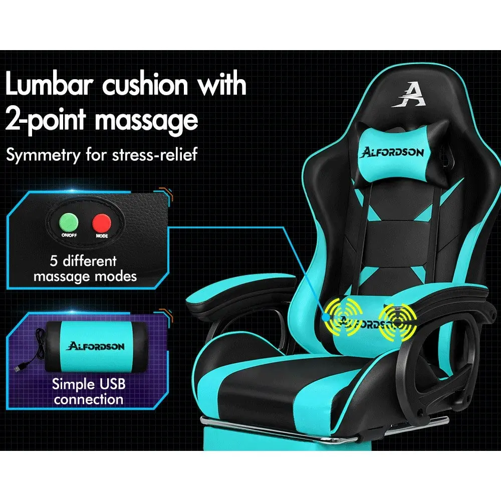 Alfordson Gaming Chair 2-Point Massage Lumbar Cushion Xavier Black & Cyan