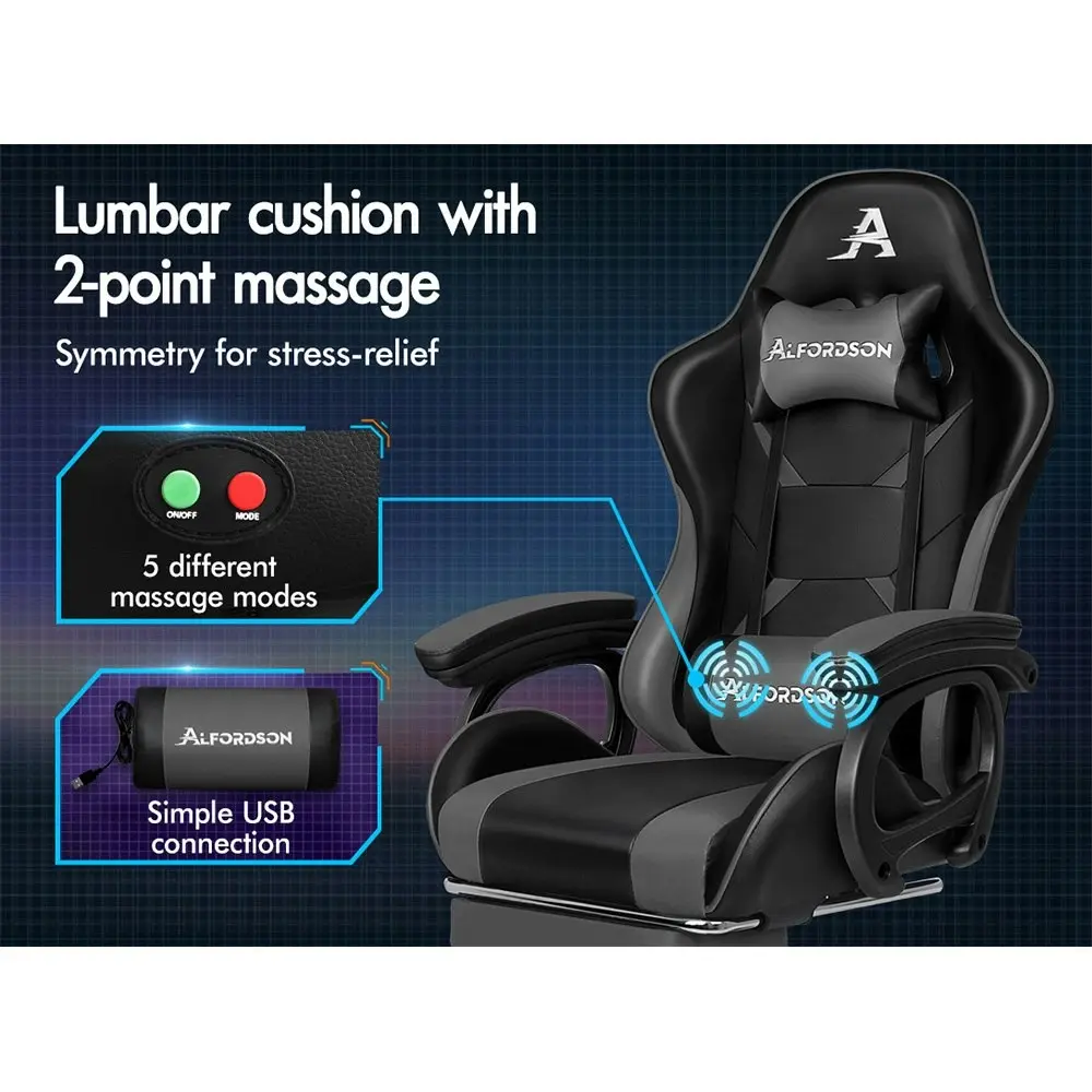 Alfordson Gaming Chair 2-Point Massage Lumbar Cushion Xavier Black & Grey