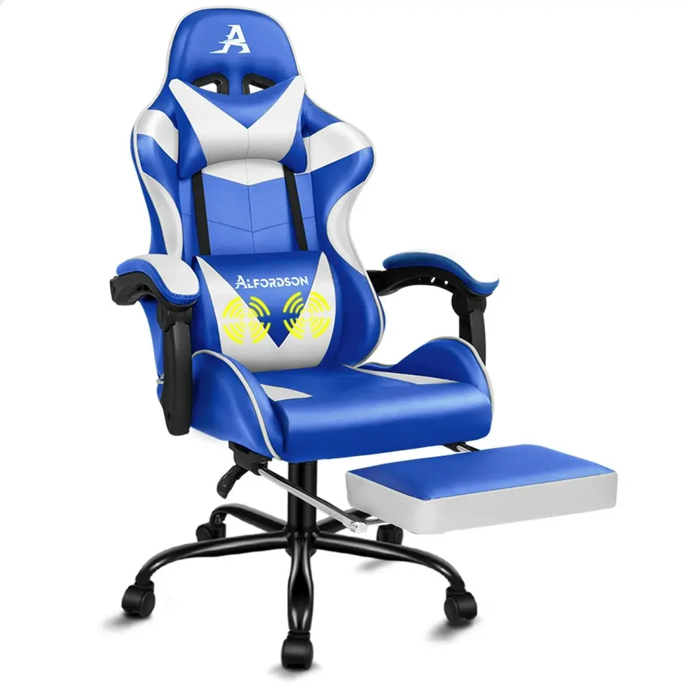 Alfordson Gaming Chair with Lumbar Massage Office Chair Blue & White