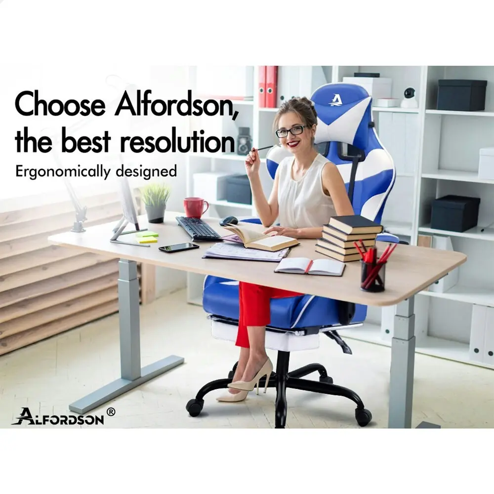 Alfordson Gaming Chair with Lumbar Massage Office Chair Blue & White