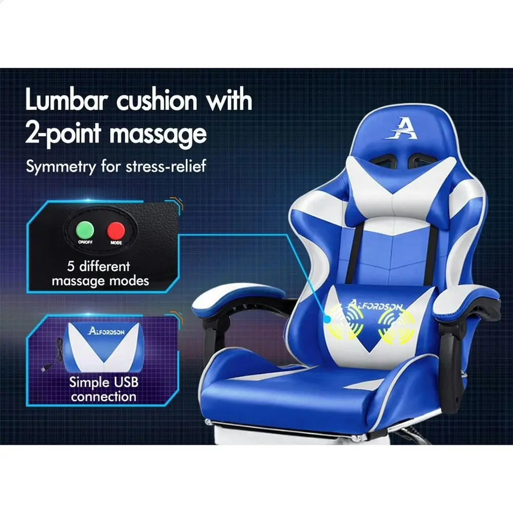 Alfordson Gaming Chair with Lumbar Massage Office Chair Blue & White