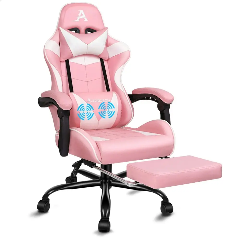 Alfordson Gaming Chair with Lumbar Massage Office Chair Pink & White