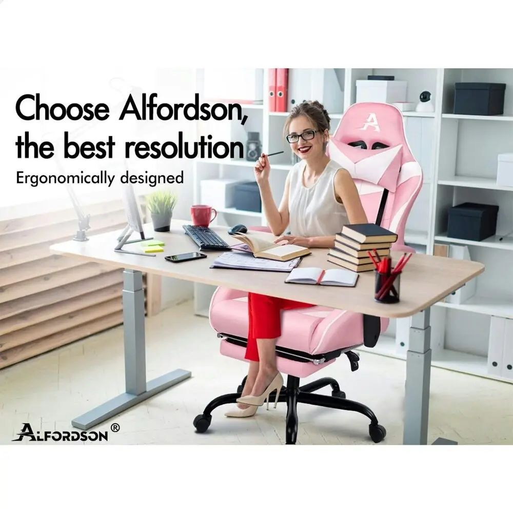 Alfordson Gaming Chair with Lumbar Massage Office Chair Pink & White