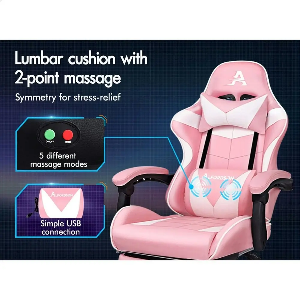 Alfordson Gaming Chair with Lumbar Massage Office Chair Pink & White