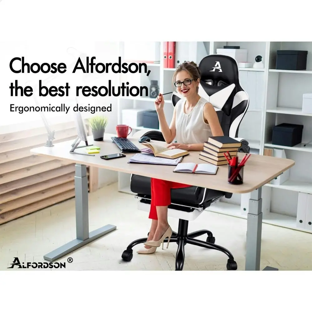 Alfordson Gaming Chair with Lumbar Massage Office Chair Black & White