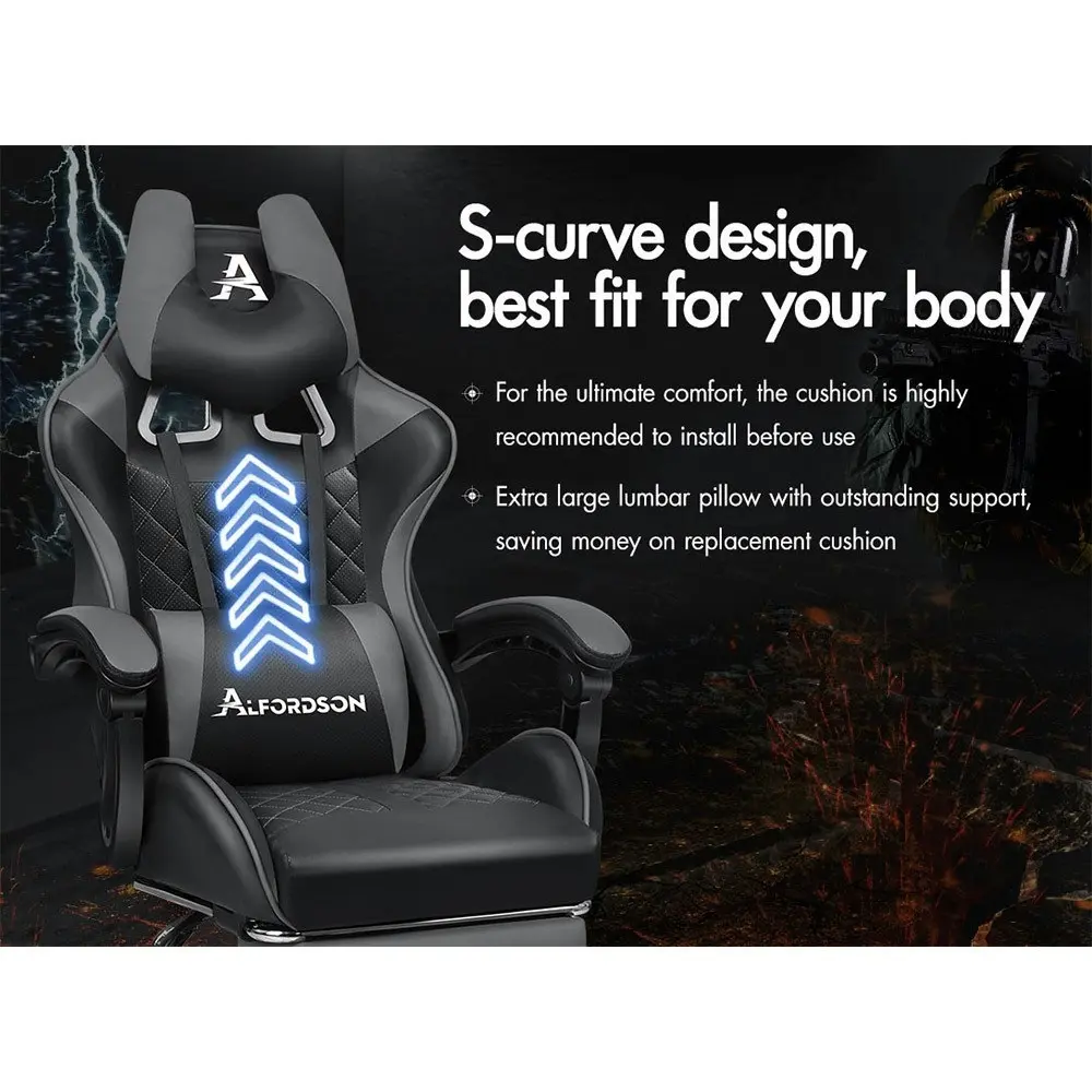 Alfordson Gaming Chair PU Leather with Footrest Black & Grey