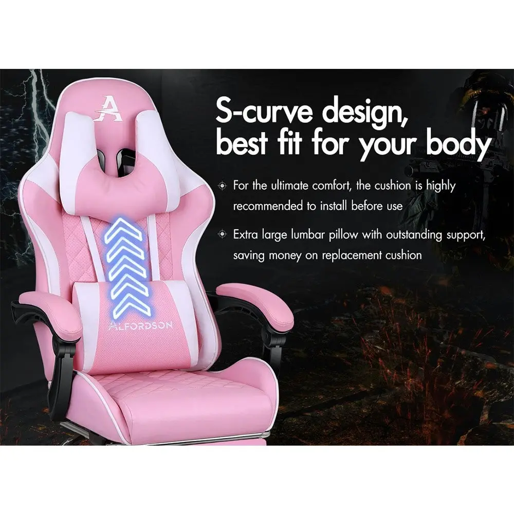 Alfordson Gaming Chair PU Leather with Footrest Pink & White