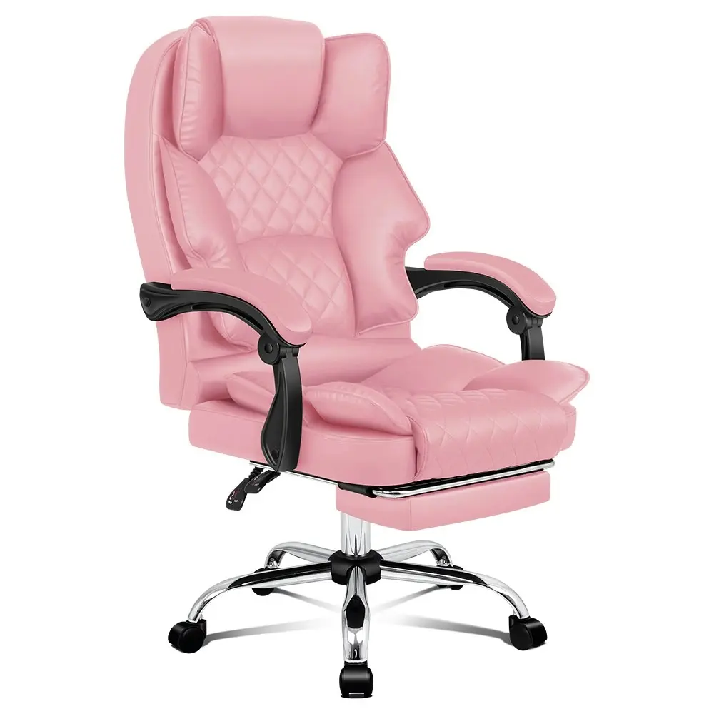 Alfordson Office Chair Deluxe PU Leather Executive - Pink (With Footrest)