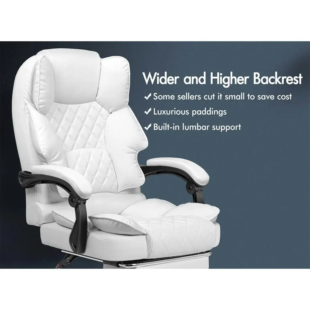 Alfordson Office Chair Deluxe PU Leather Executive - White (With Footrest)