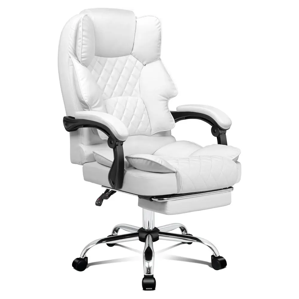 Alfordson Office Chair Deluxe PU Leather Executive - White (With Footrest)