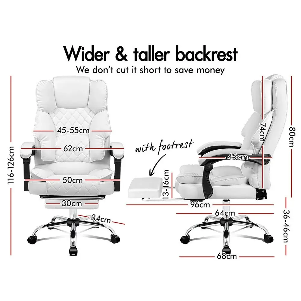 Alfordson Office Chair Deluxe PU Leather Executive - White (With Footrest)