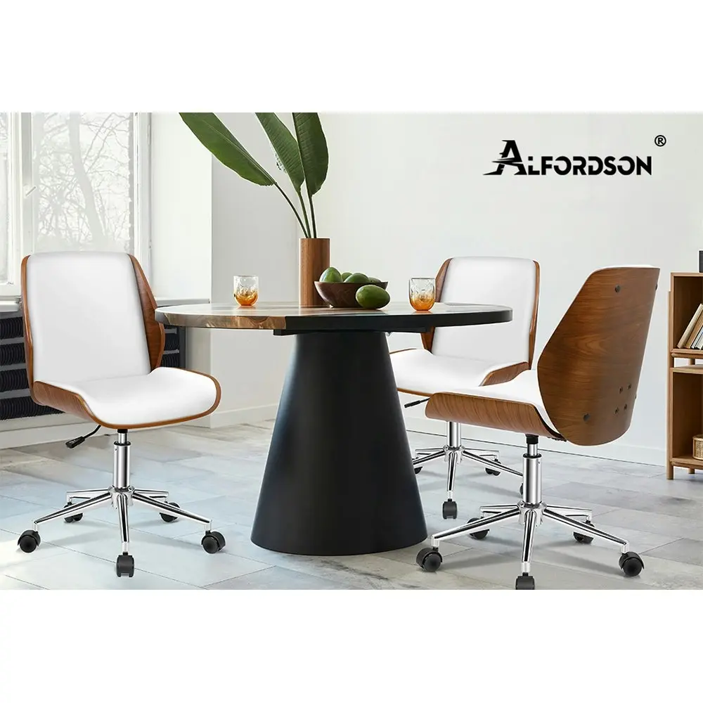 Alfordson Wooden Office Chair Computer Chairs Wood Seat PU Leather White