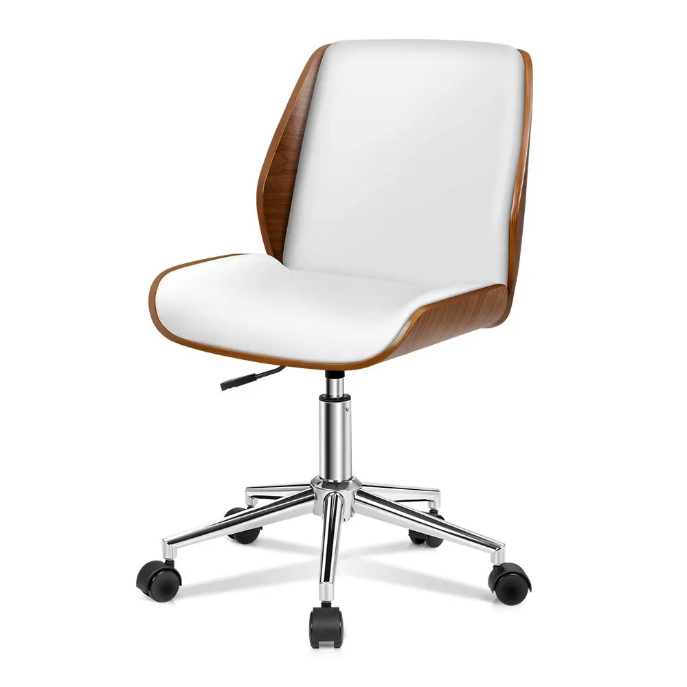 Alfordson Wooden Office Chair Computer Chairs Wood Seat PU Leather White