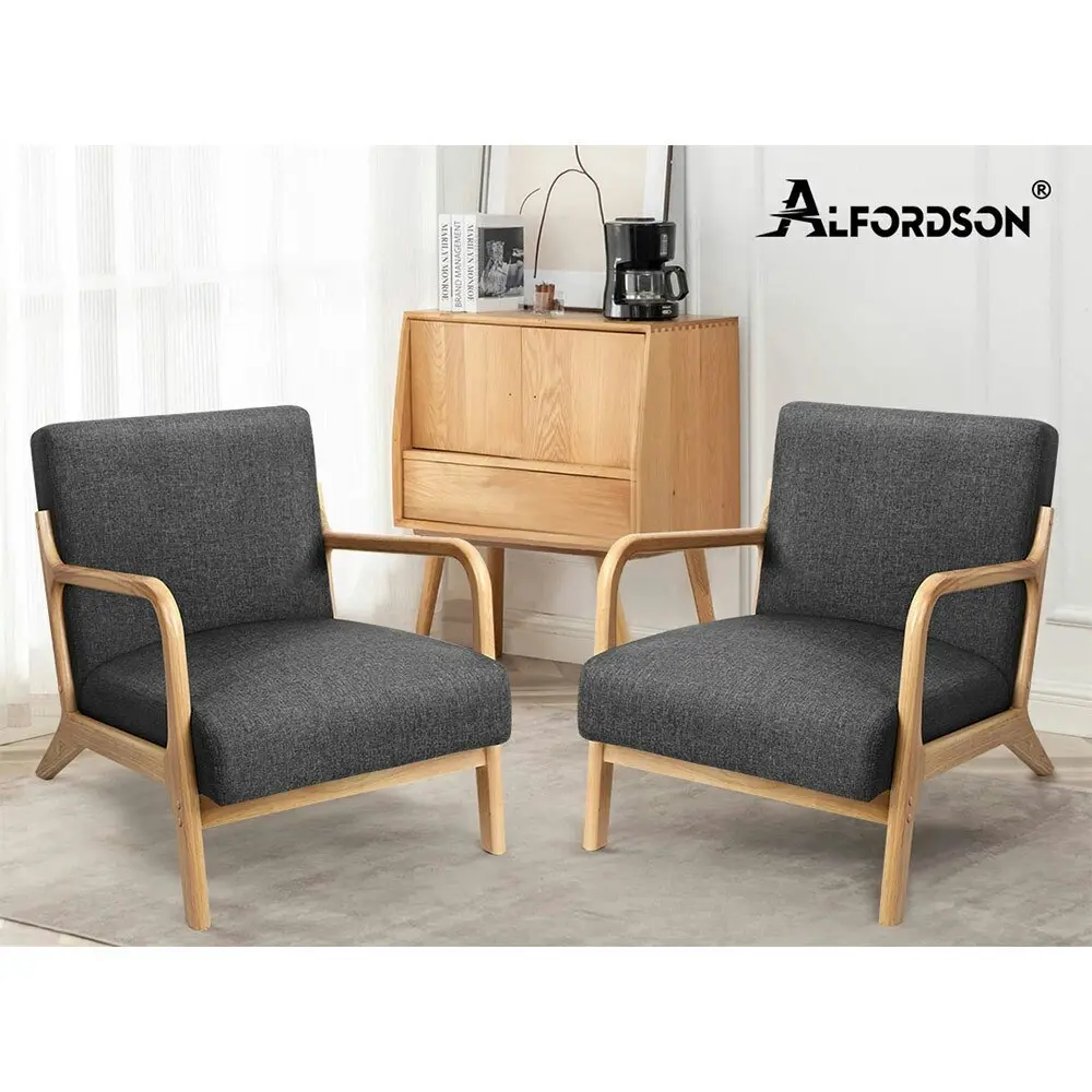 Alfordson Wooden Armchair Lounge Chair Fabric Seat Grey