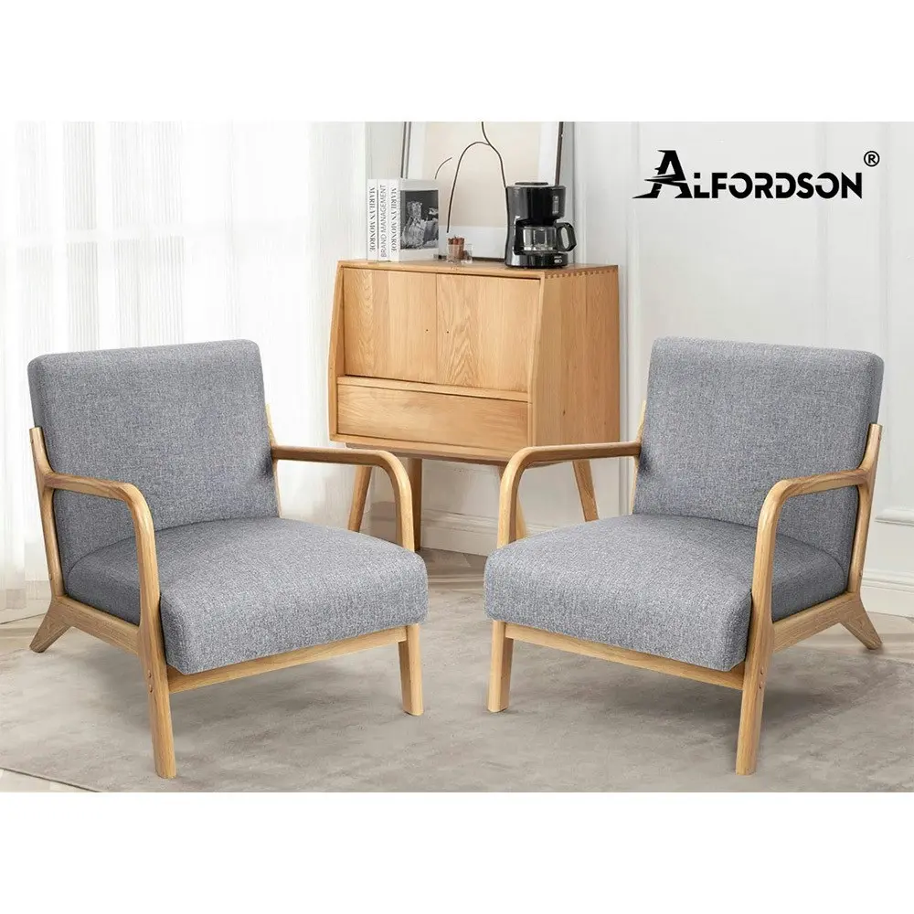 Alfordson Wooden Armchair Lounge Chair Fabric Seat Light Grey