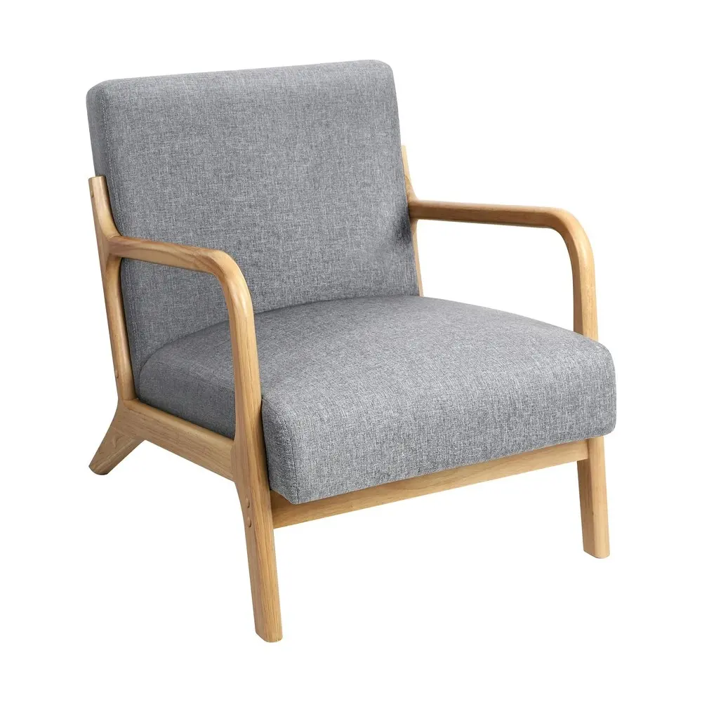 Alfordson Wooden Armchair Lounge Chair Fabric Seat Light Grey