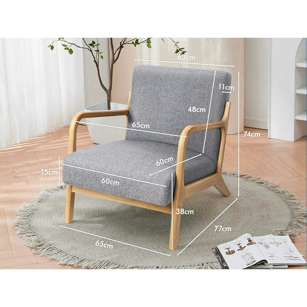 Alfordson Wooden Armchair Lounge Chair Fabric Seat Light Grey