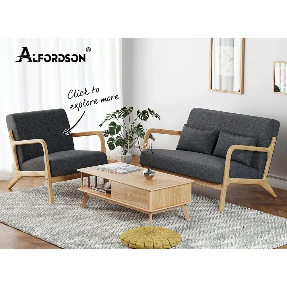 Alfordson Wooden Armchair 2 Seater Sofa Lounge Fabric Seat Grey