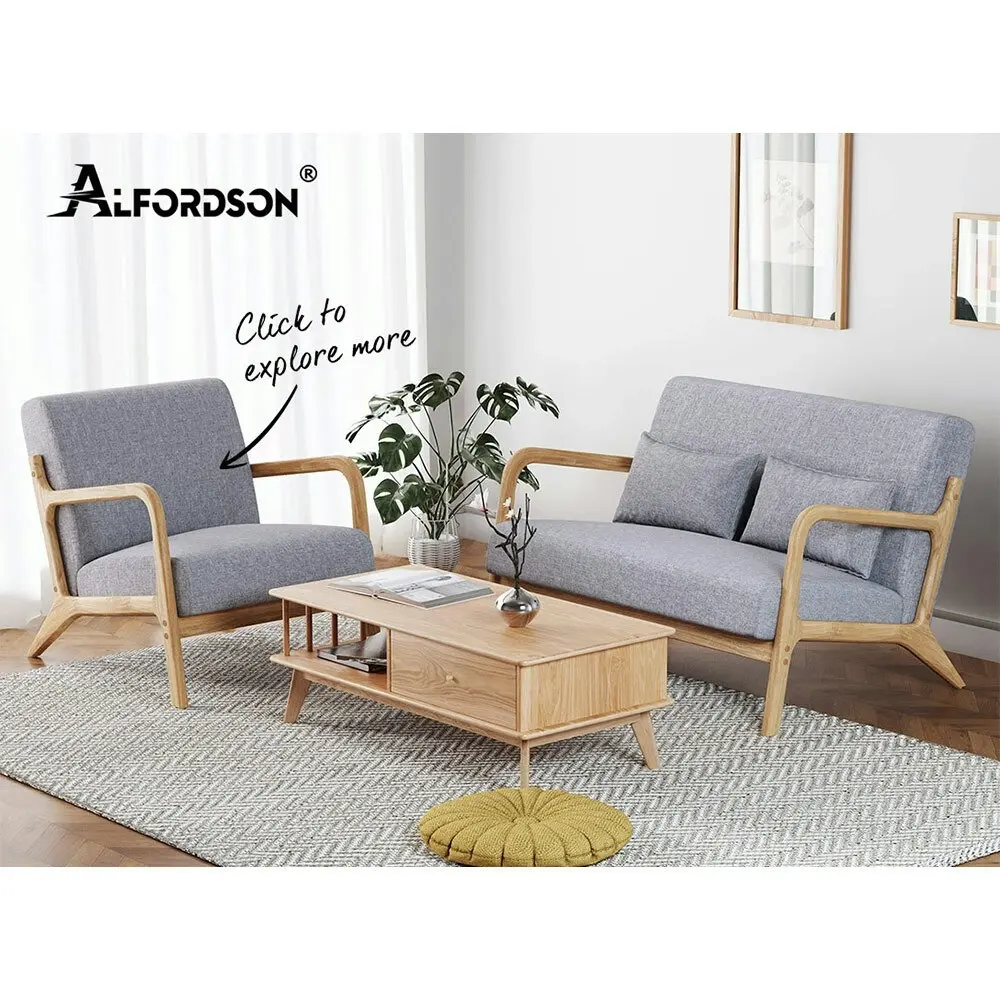 Alfordson Wooden Armchair 2 Seater Sofa Lounge Fabric Seat Light Grey