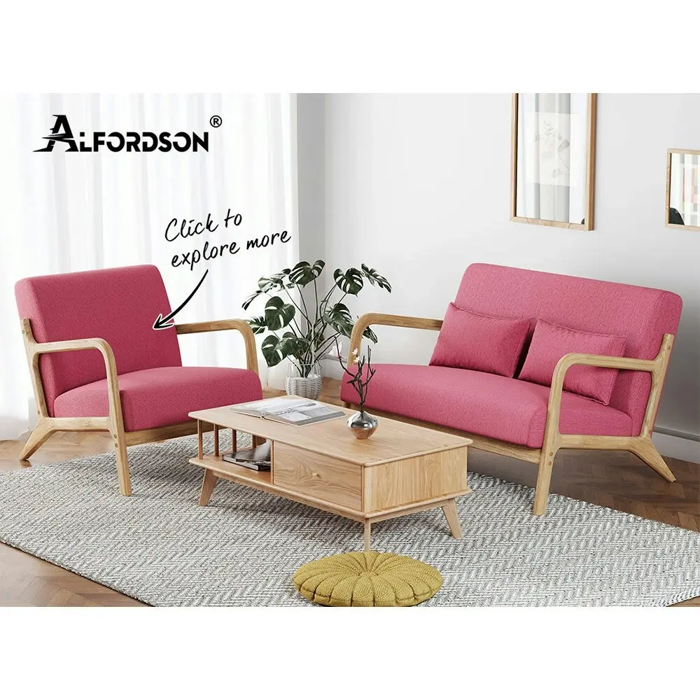 Alfordson Wooden Armchair 2 Seater Sofa Lounge Fabric Seat Pink