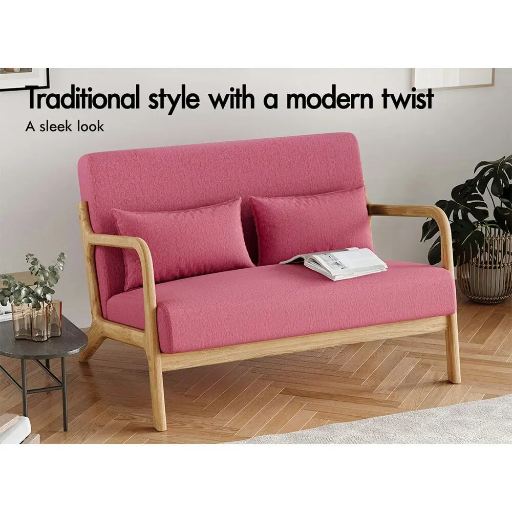 Alfordson Wooden Armchair 2 Seater Sofa Lounge Fabric Seat Pink