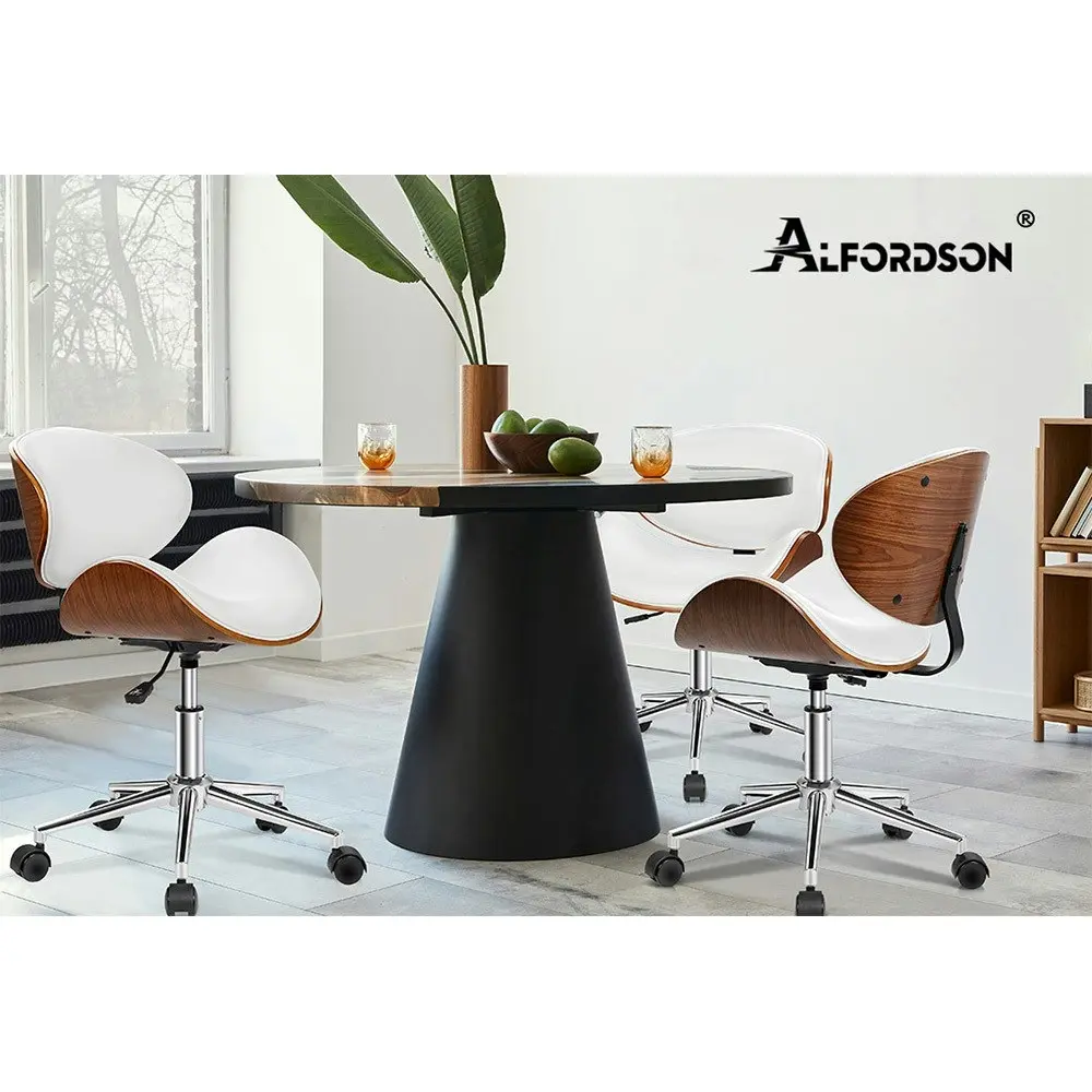 Alfordson Wooden Office Chair Computer Chairs Home Seat PU Leather White