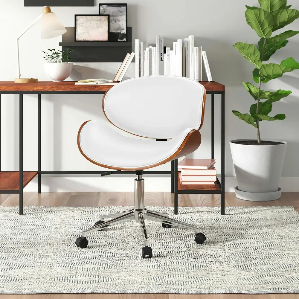 Alfordson Wooden Office Chair Computer Chairs Home Seat PU Leather White