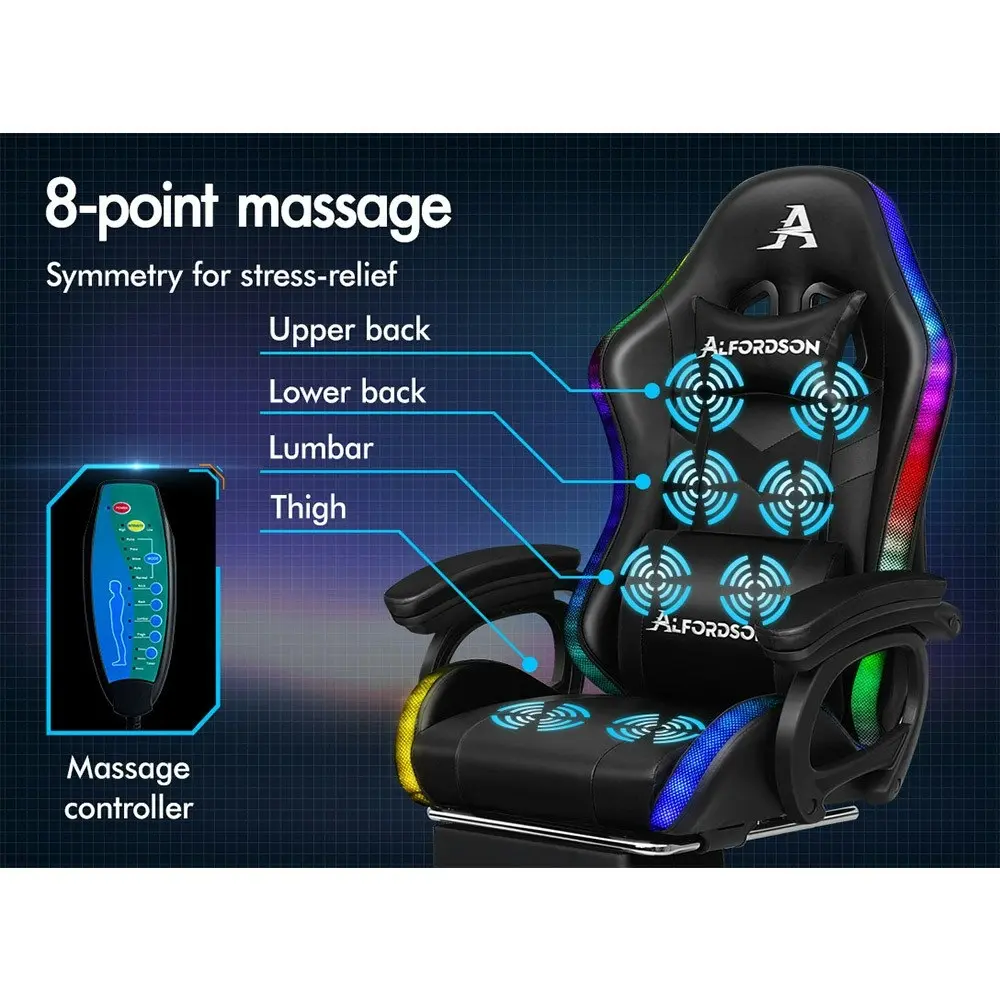 Alfordson Gaming Chair with 8-Point Massage 12 RGB LED Black