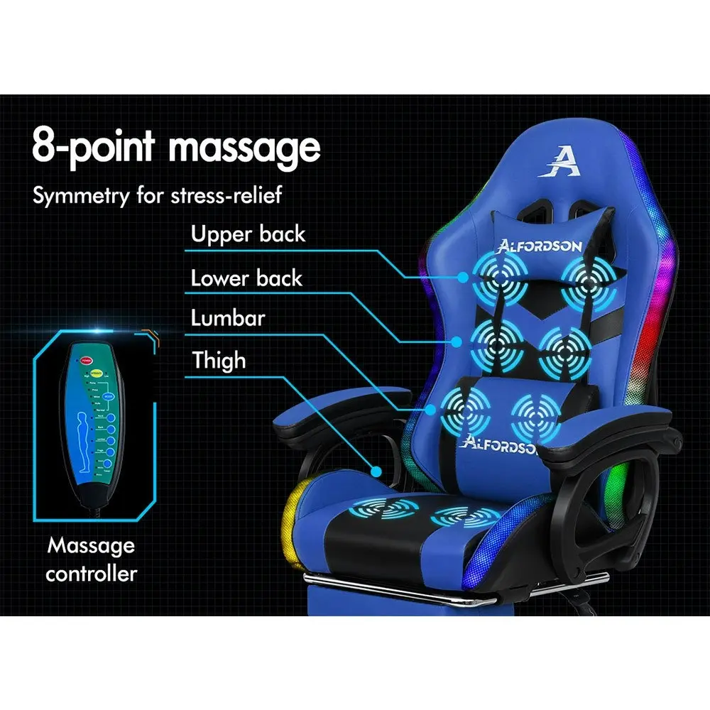 Alfordson Gaming Chair with 8-Point Massage 12 RGB LED Black & Blue