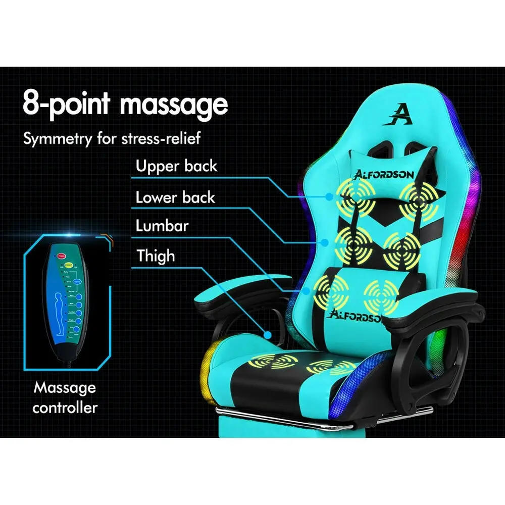 Alfordson Gaming Chair with 8-Point Massage 12 RGB LED Cyan & Black