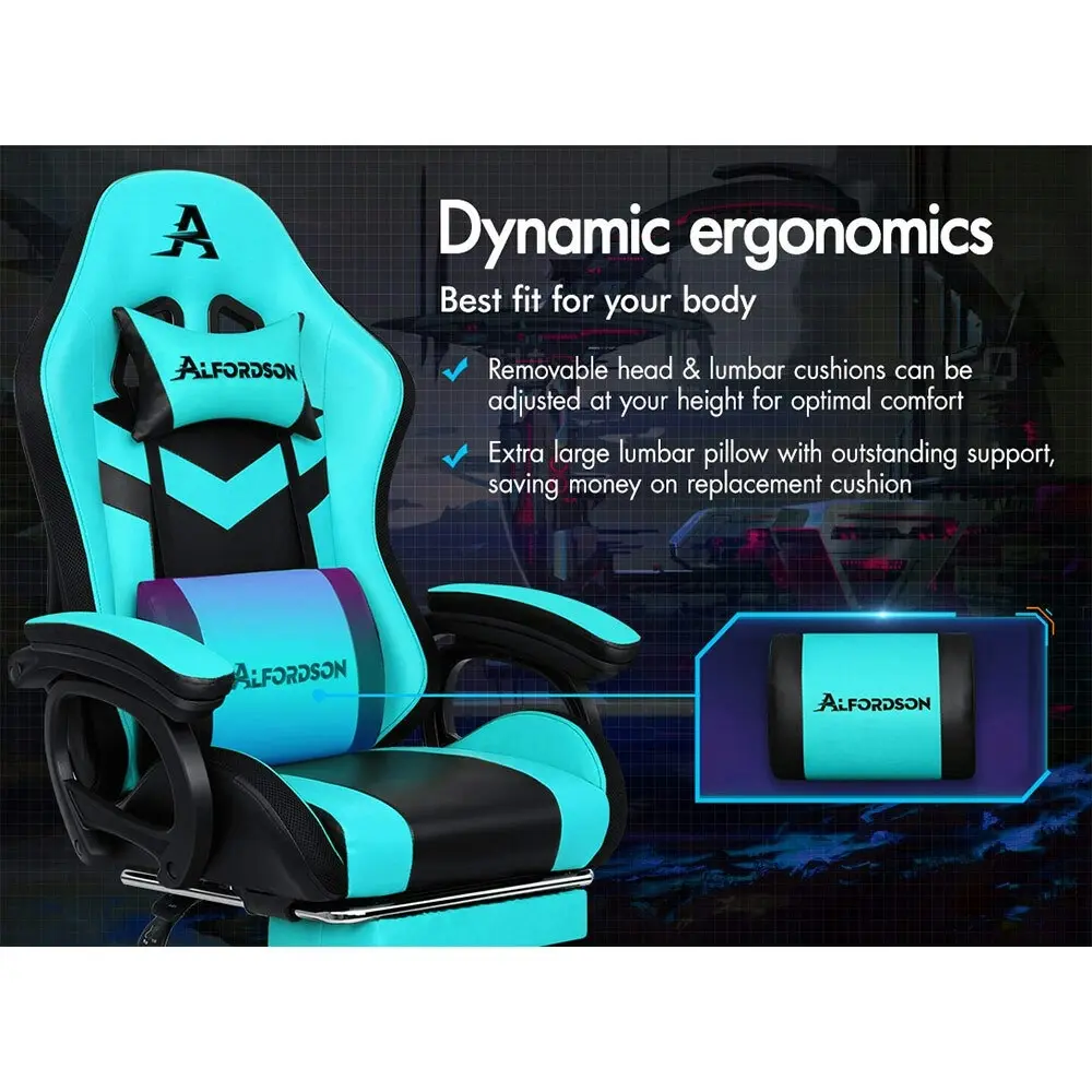 Alfordson Gaming Chair with 8-Point Massage 12 RGB LED Cyan & Black