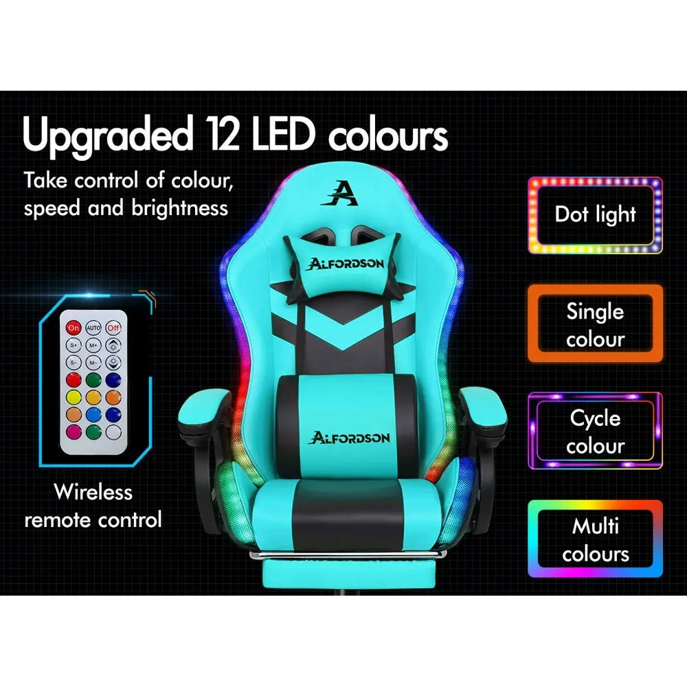 Alfordson Gaming Chair with 8-Point Massage 12 RGB LED Cyan & Black