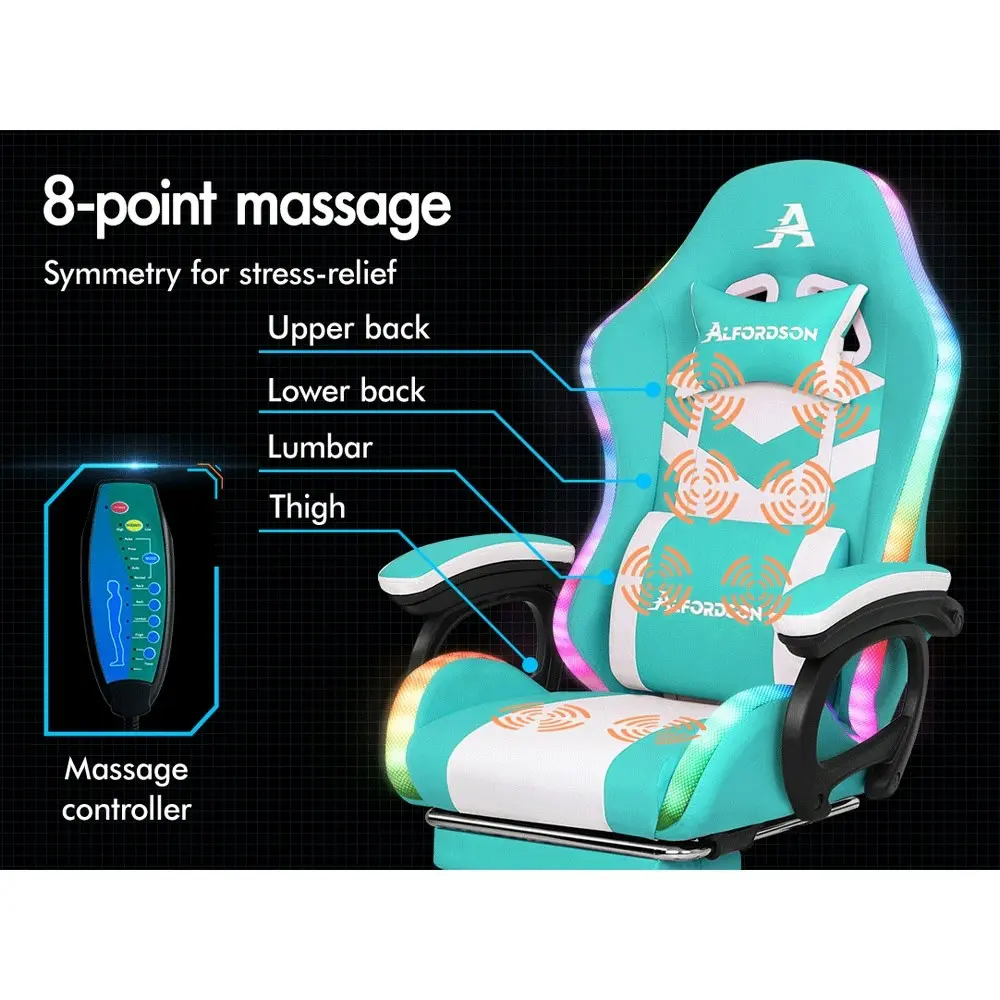 Alfordson Gaming Chair with 8-Point Massage 12 RGB LED Cyan & White