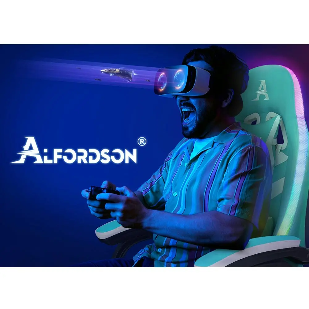 Alfordson Gaming Chair with 8-Point Massage 12 RGB LED Cyan & White