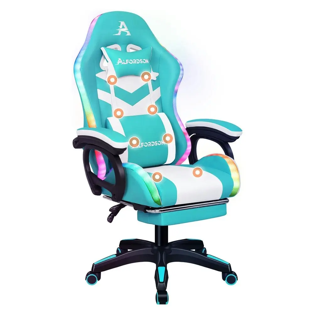 Alfordson Gaming Chair with 8-Point Massage 12 RGB LED Cyan & White