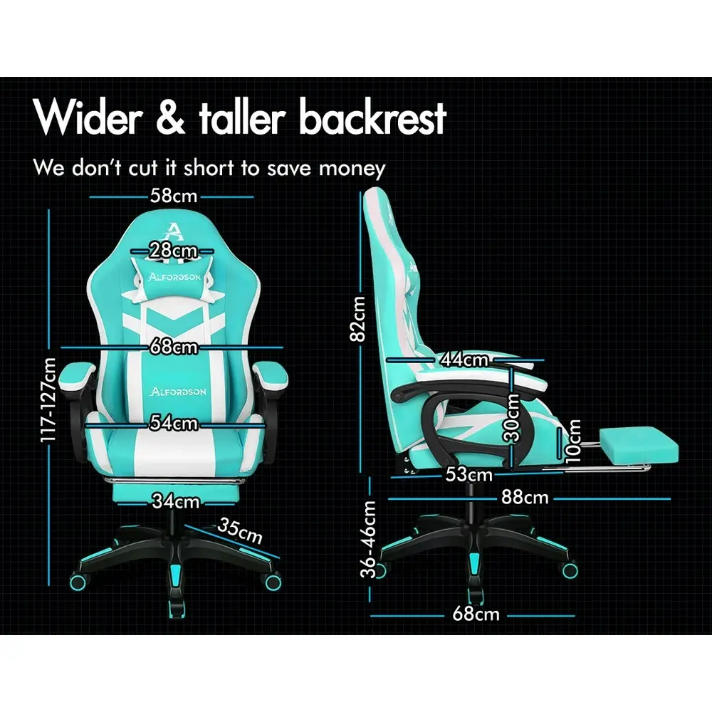 Alfordson Gaming Chair with 8-Point Massage 12 RGB LED Cyan & White