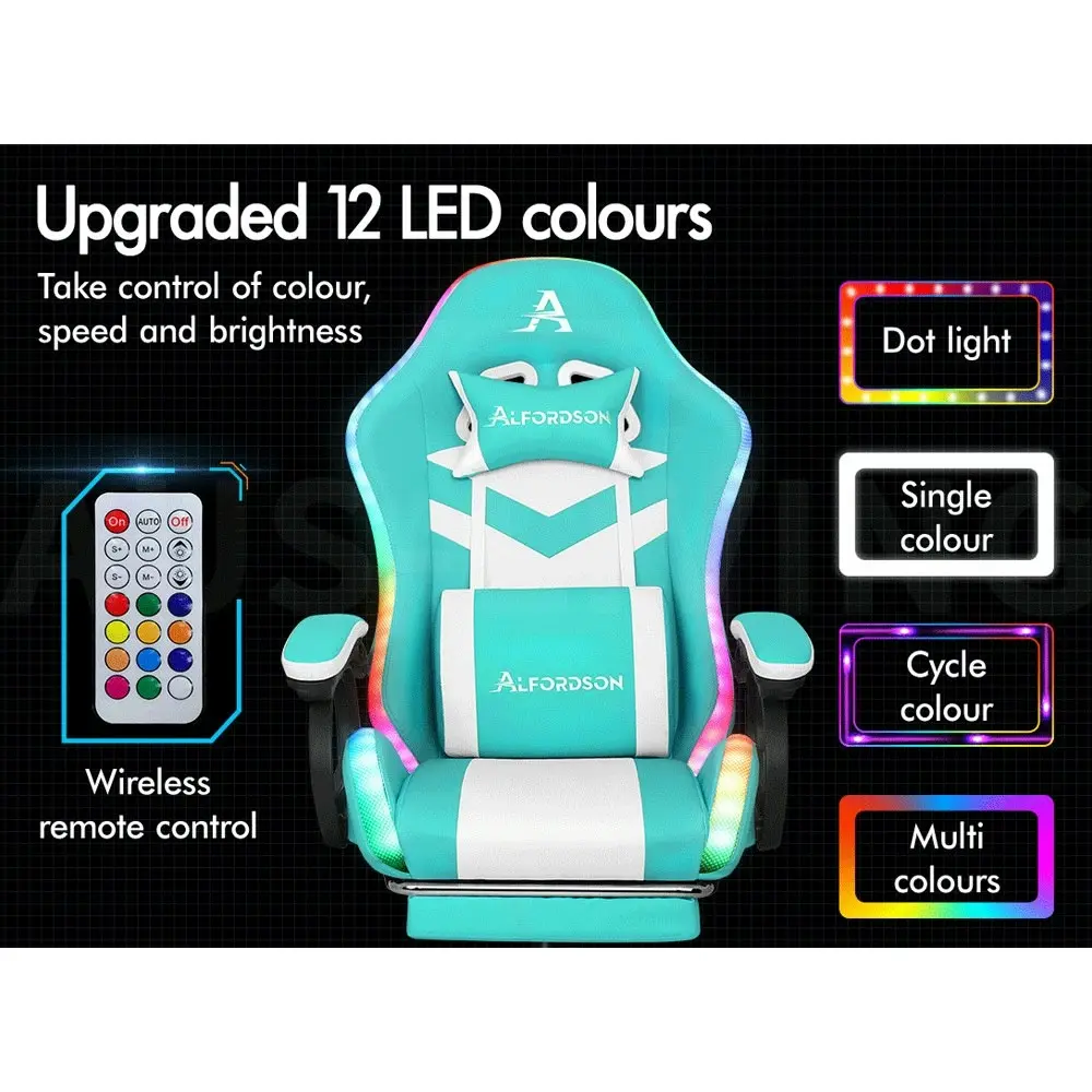 Alfordson Gaming Chair with 8-Point Massage 12 RGB LED Cyan & White