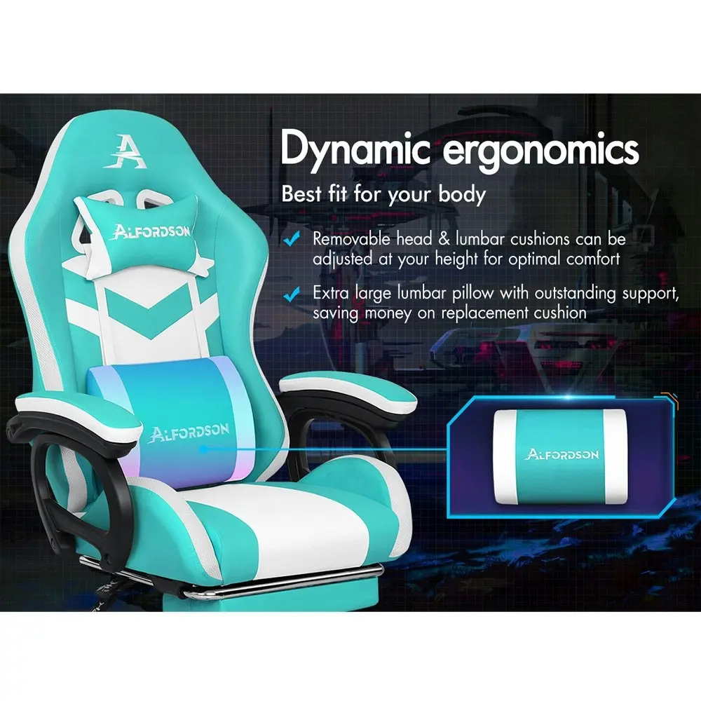 Alfordson Gaming Chair with 8-Point Massage 12 RGB LED Cyan & White