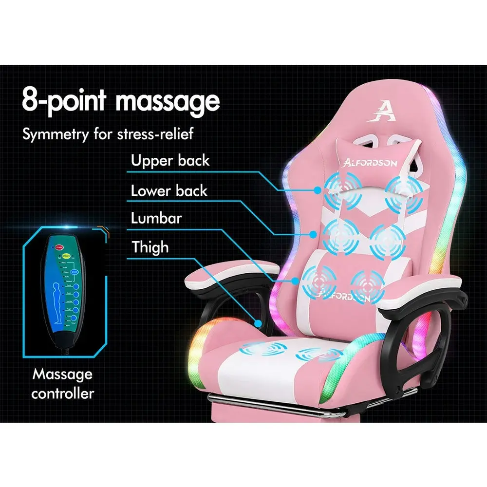 Alfordson Gaming Chair with 8-Point Massage 12 RGB LED Pink & White