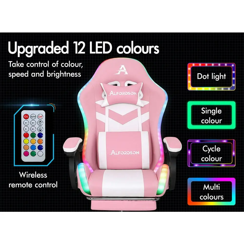 Alfordson Gaming Chair with 8-Point Massage 12 RGB LED Pink & White