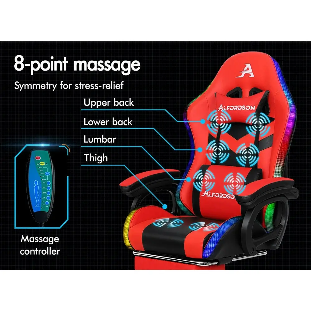 Alfordson Gaming Chair with 8-Point Massage 12 RGB LED Black & Red