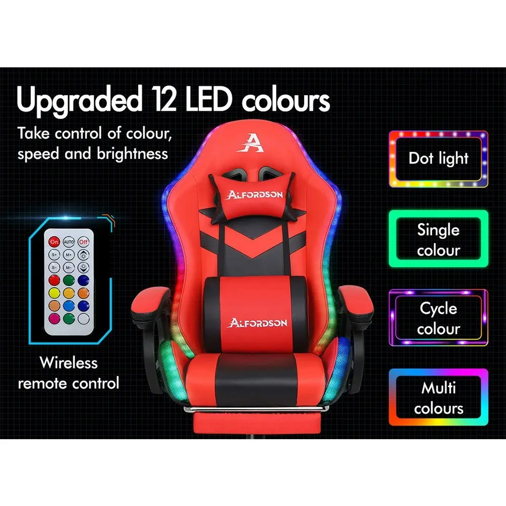 Alfordson Gaming Chair with 8-Point Massage 12 RGB LED Black & Red