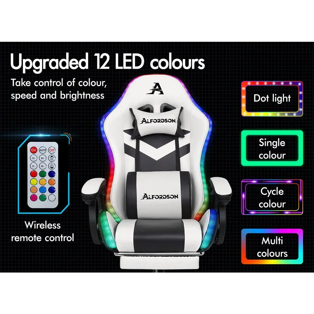 Alfordson Gaming Chair with 8-Point Massage 12 RGB LED Black & White