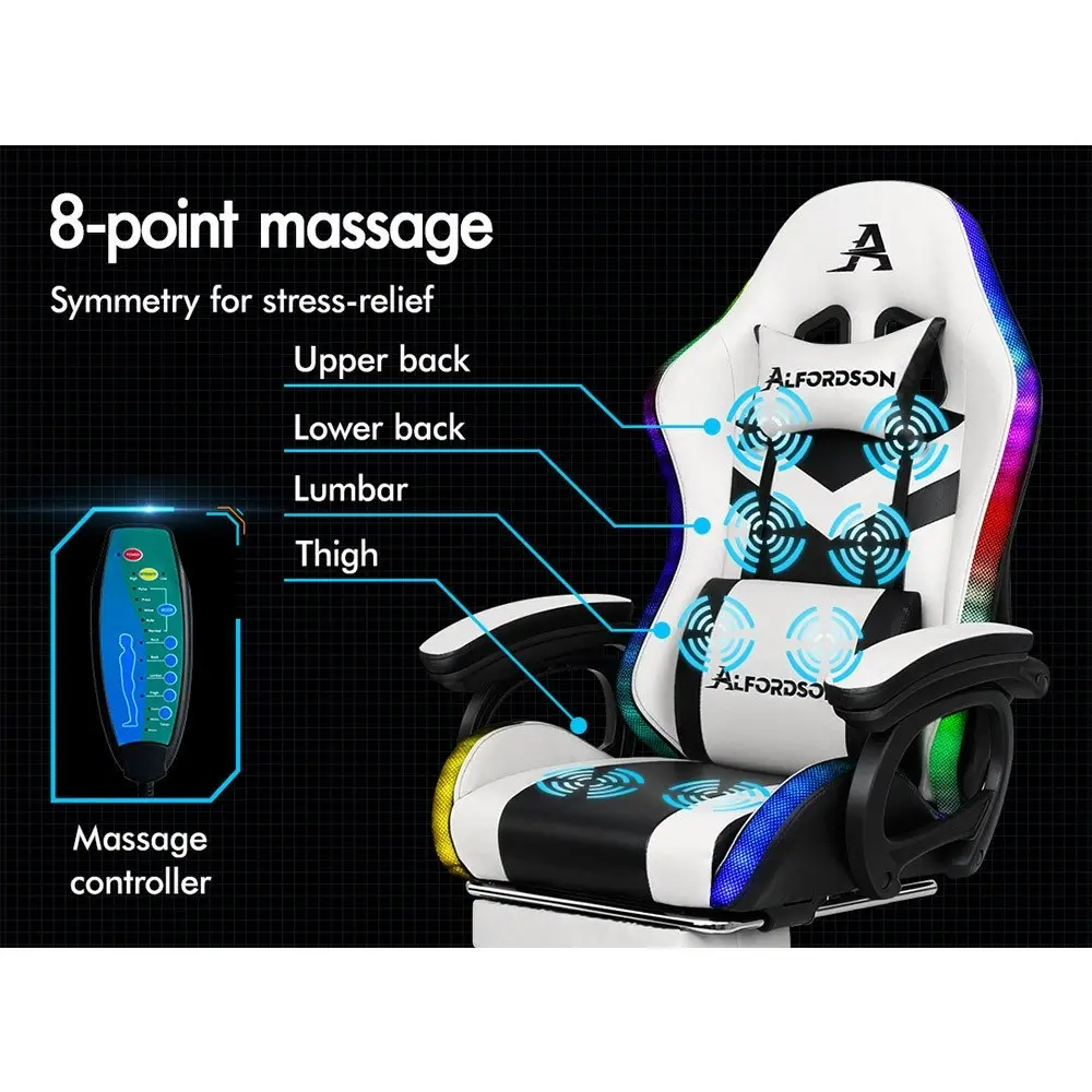 Alfordson Gaming Chair with 8-Point Massage 12 RGB LED Black & White