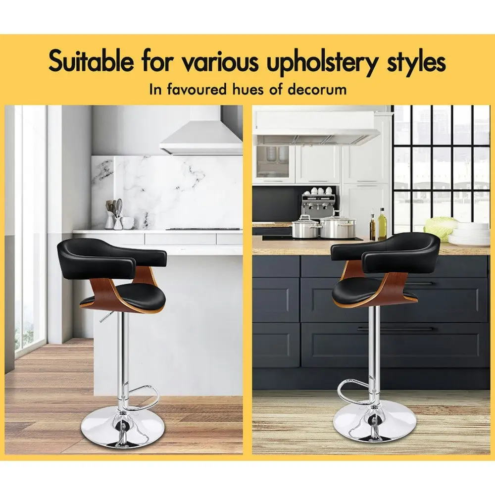 Alfordson 2x Wooden Bar Stool Joan Kitchen Swivel Chair Wood Leather Gas Lift BLACK