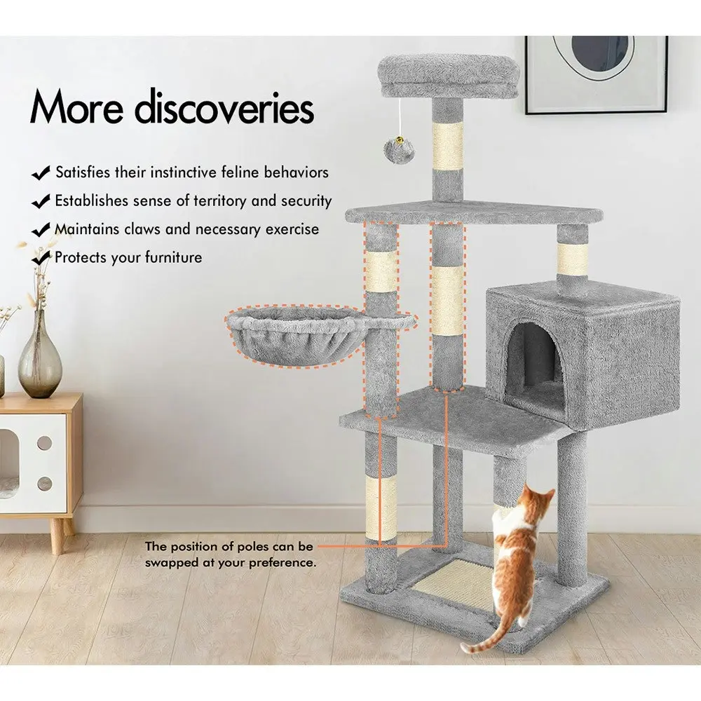 BEASTIE Cat Tree 130cm Grey Scratcher Wood Scratching Post Tower