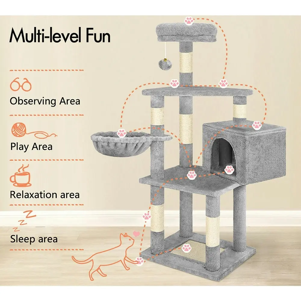 BEASTIE Cat Tree 130cm Grey Scratcher Wood Scratching Post Tower